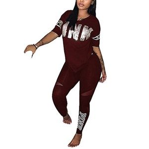 Burgundy Letter Print Two Piece Outfits V Neck T